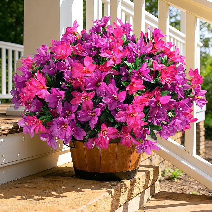 INSPRING Artificial Flowers Fake Plants for Outdoors Spring Summer Decoration, 3 Bundles Faux Silk Azalea UV Resistant Outdoor Flowers Realistic for Planters Outside Patio Porch Garden Home Decor, Mix