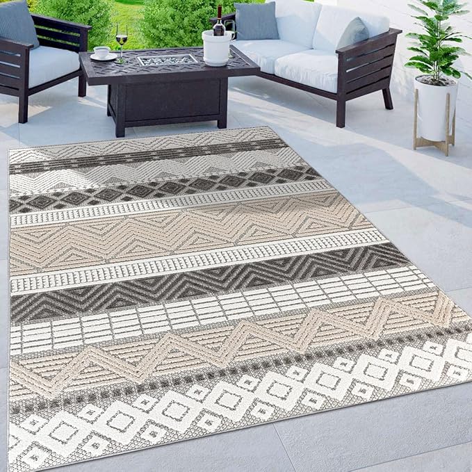 Rugshop Marbella Contemporary Boho Non-Shedding Easy Cleaning Patio Deck Backyard Indoor/Outdoor Area Rug 7'10" x 10' Gray
