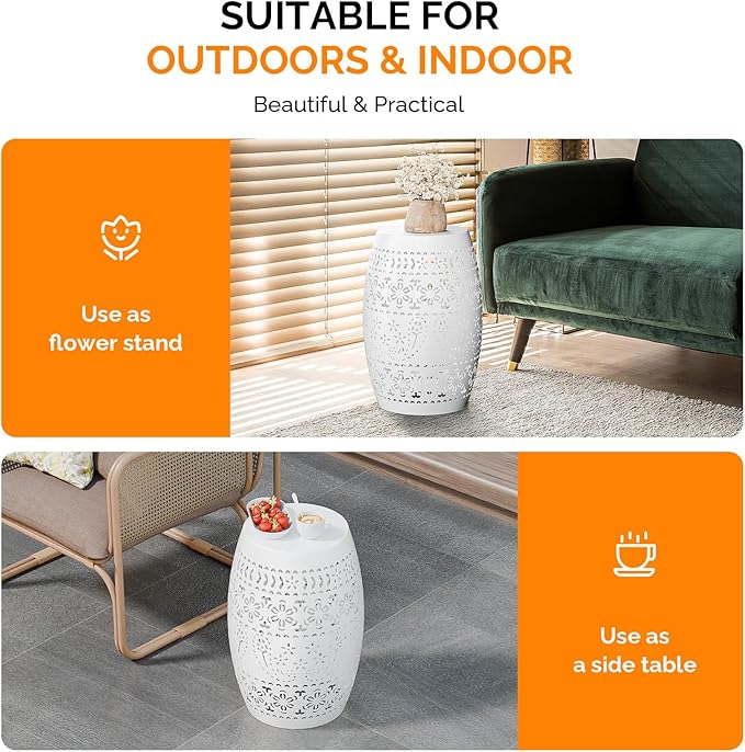 Outdoor Accent Iron Side Table,9.4" Steel Patio End Table, Round Hollow Drum Patio Garden Stool,Round,Iron Decorative Garden Stool,for Indoor and Outdoor,White