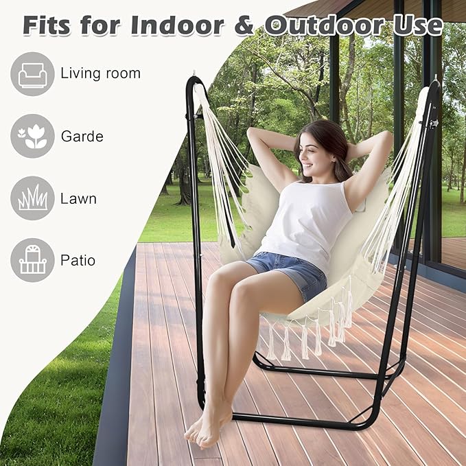 Hammock Chair with U Shape Stand, Cotton Swing Chair with Side Pocket, Heavy-Duty Metal Frame with Hanging Seat, Multi-Functional Swing Stand for Indoor and Outdoor Patio Yard Garden (Blackwhite)