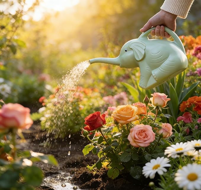 2L Elephant Watering Can, Plastic Watering Kettle with Ergonomic Handle, Long Mouth Patio Sprinkling Watering Bottle Pot for Home Garden Lawn Yard (Pink)