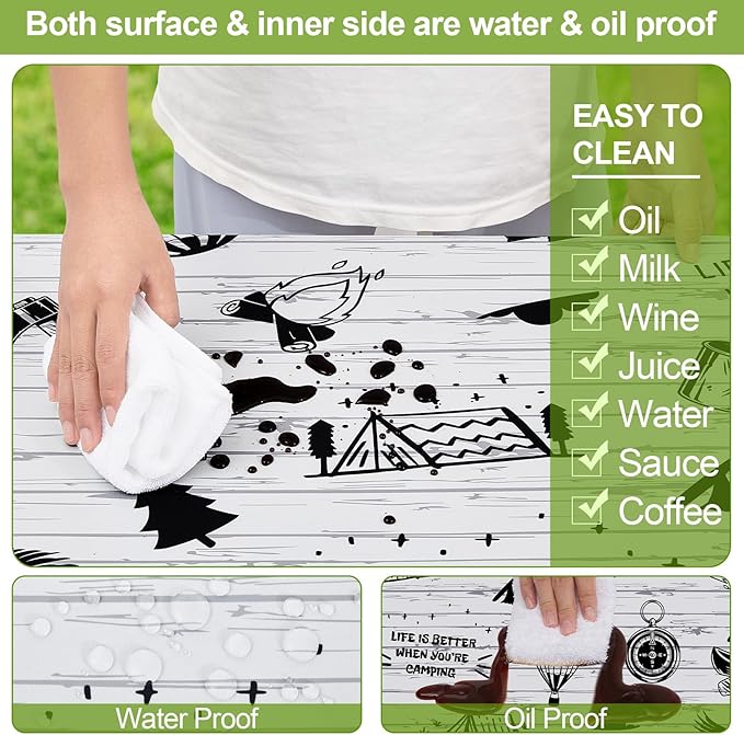Picnic Table Cover with Bench Covers Camping Essentials Waterproof Windproof Camping Tablecloth with Drawstring Bag, Fitted Rectangle Tables and Seats, 96in, White