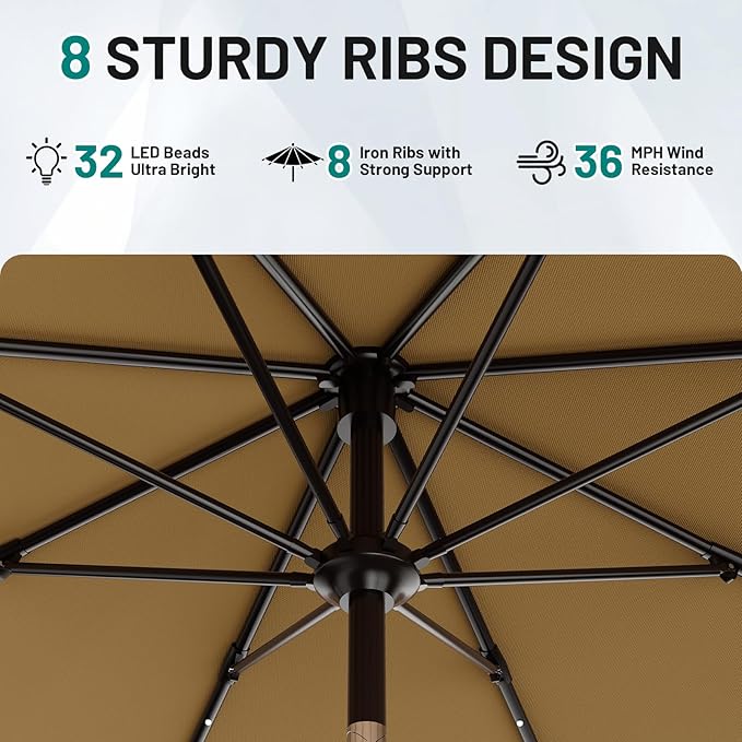 AreShark 9FT Patio Umbrella with Solar Lights, 32 LED Lighted Pool Umbrella w/Tilt and Crank, Outdoor Market Solar Umbrellas for Garden, Deck, Backyard, Pool and Beach, Khaki