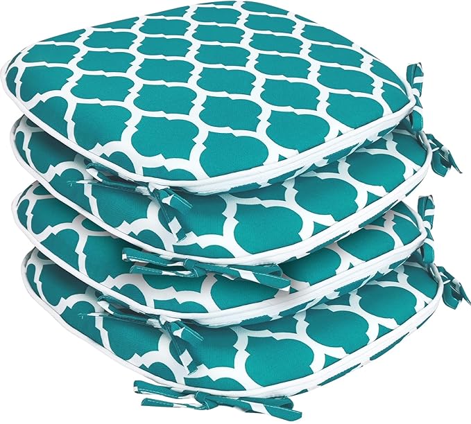 SleepMan Outdoor 17"x16" Chair Cushions with Ties Set of 4, Water Resistant All Weather U-Shape Seat Pads for Patio Garden Furniture Indoor Fade Resistant Patio Cushions (Aqua Plaid)