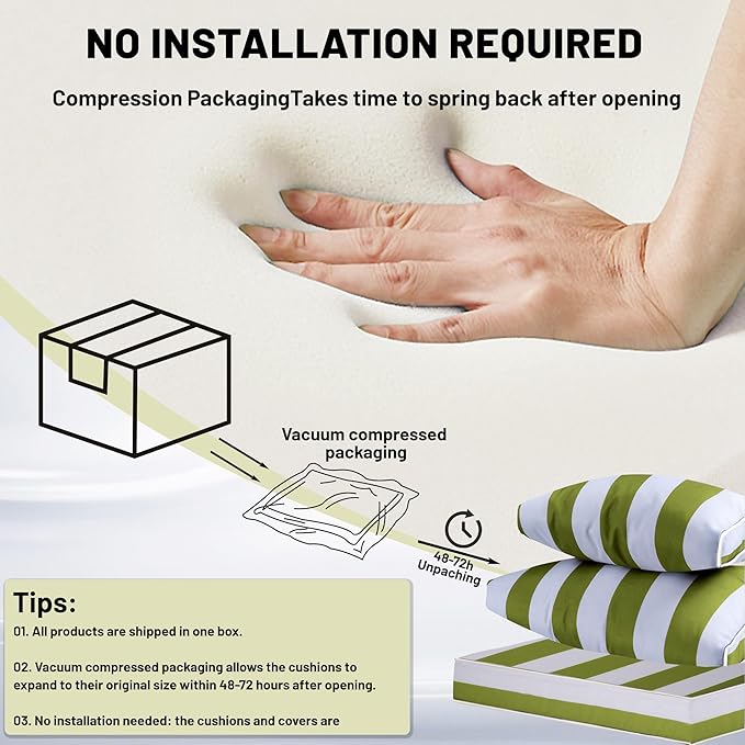 14 Piece Outdoor Sectional Cushions, Water-Resistant Outdoor Sofa Cushions Replacement, 4" High Density Foam Patio Furniture Cushions Fits 6-seat Rattan Conversation Set (Grass Green White Stripes)