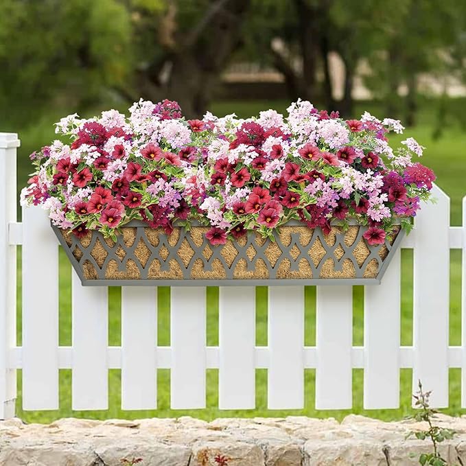 6 Pack 30 Inch Window Boxes Planters Railing Planter Box with Adjustable Brackets for Porch Fence Patio Balcony Hanging Flower Baskets with Coco Liners for Outdoor Garden Decor - Dark Grey