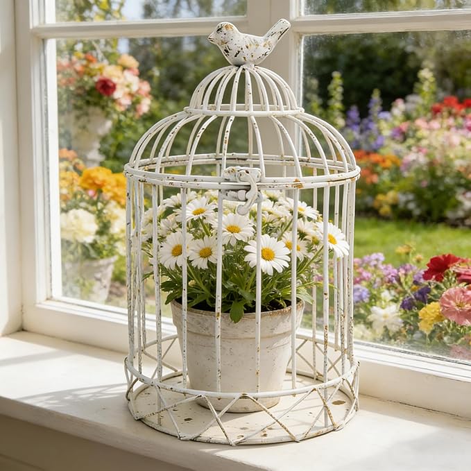 Vintage Birdcage Planter, 11.8" H Rustic Farmhouse Metal Plant Holder, Distressed White Decorative Candle Holder for Wedding Centerpieces, Garden Patio Indoor Outdoor Home Decor