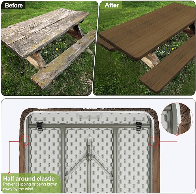 Picnic Table Cover with Bench Covers Camping Essentials Waterproof Windproof Camping Tablecloth with Drawstring Bag, Fitted Rectangle Tables and Seats, 96in, Dark Brown