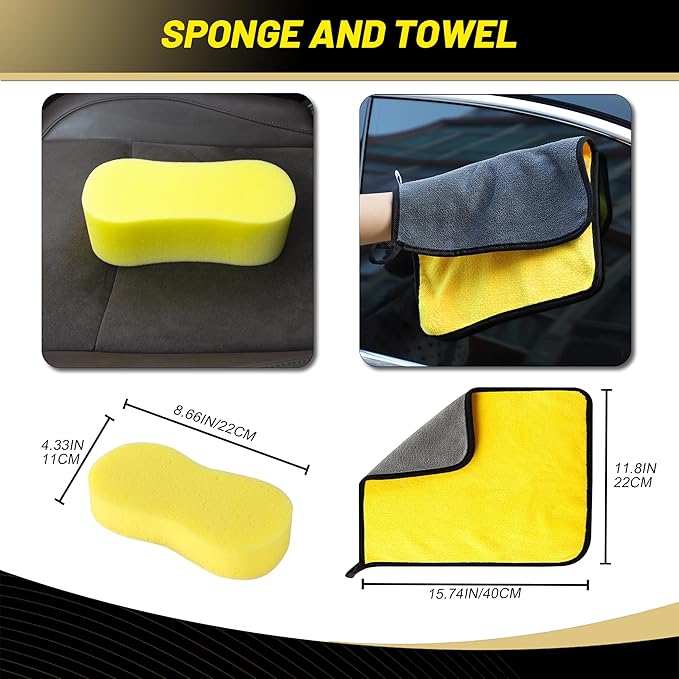 Foam Gun Car Wash Sprayer with Washing Sponge & Absorbent Towel, Foam Cannon Car Washing Kit, 1/2” Connector for Garden Hose, for Car/Garden Cleaning (YELLOW)