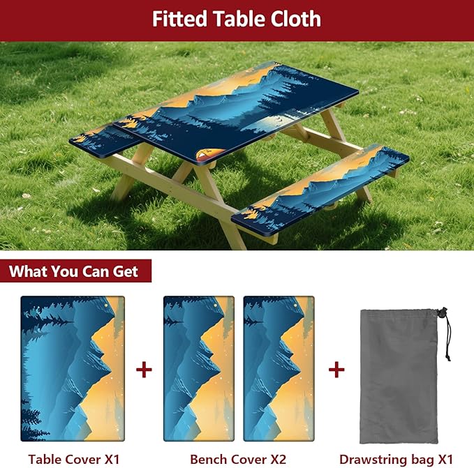 KENOBEE Picnic Table Cover with Bench Covers 6FT 3PCS, Camping Essentials Waterproof Windproof Tablecloth with Drawstring Bag, Fitted Rectangle Tables and Seats, 72", Lakeside Ember
