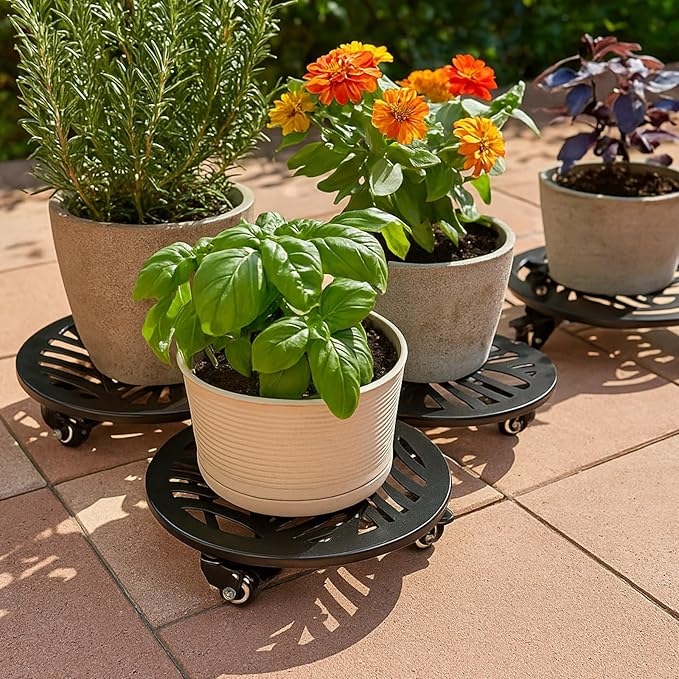 2 Packs Large Metal Plant Caddy with Wheels 13.6" and 12" Heavy-duty Wrought Iron Rolling Plant Stands with PU Metal Casters Indoor Outdoor Round Plant Pot Roller Base Planter Movers, Glossy Black