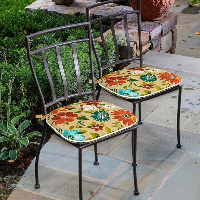 Outdoor 16"x17" Chair Pads Set of 4, Water Resistant Patio Chair Cushions with Ties, Seat Cushions for Home Garden Furniture Decoration, Flower Multi