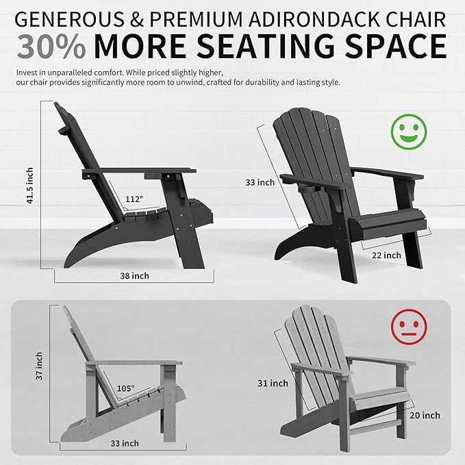 Psilvam Adirondack Chair, Oversized Poly Lumber Fire Pit Chair with Cup Holder, 350Lbs Support Patio Chairs for Garden, Weather Resistant Outdoors Seating, Relaxing Gift for Father & Mother (Black)