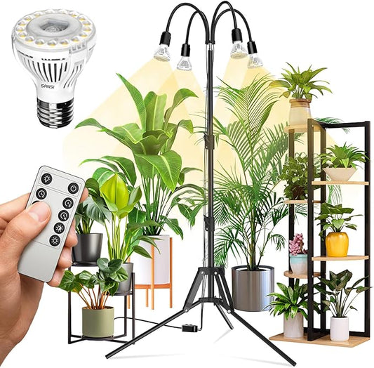 SANSI Grow Lights for Indoor Plants, 4 Head Dimmable Plant Lights for Indoor Growing, 35"-64" Adjustable Tripod LED Grow Light Lamp with Remote Control Auto On/Off Timer 4 Pack of Par20 10W Bulbs
