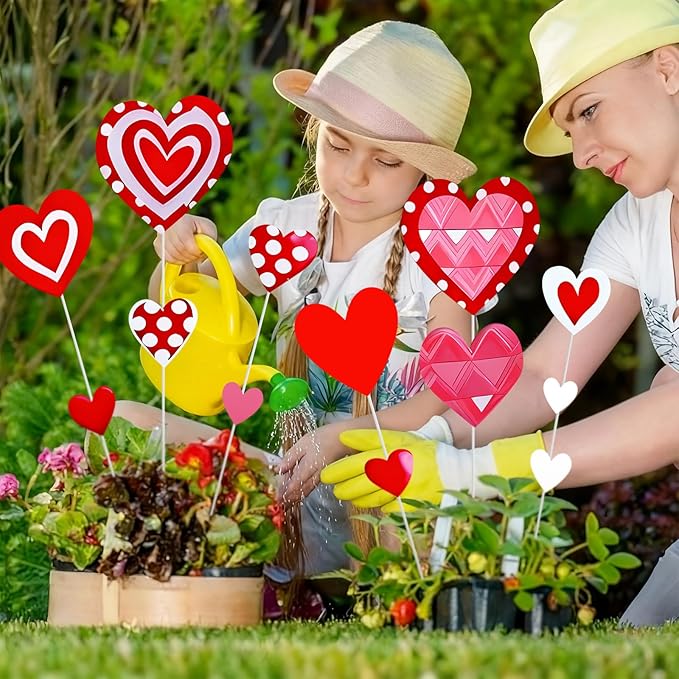 Amyhill 13 Pcs 21.5 Inch Valentine's Day Heart Shape Planter Stakes, Garden Stakes Decor with 8 Pcs Rods, Red Pink White Heart Signs for Patio, Lawn, Yard, Planter Pots, Pathway, Wedding Decor