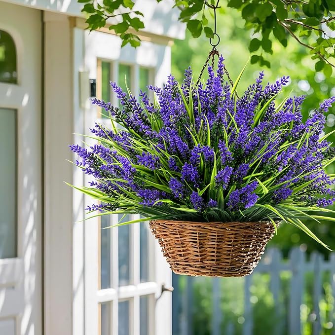 Geegoods 24 Bundles Artificial Plants Flowers Outdoor – Faux Lavender Flowers with Monkey Grass UV Resistant Plastic Faux Plants for Garden Porch Window Patio Hanging Planter Home Decor (Pack of 2)