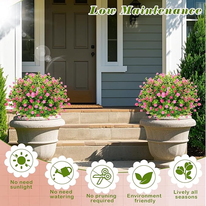 Yunlly 6 Pcs Outdoor Artificial Topiary Ball Trees 22" with Colorful Flowers, Boxwood Fake Bushes Shrubs with Spike, UV Resistant Evergreen Plants for Front Porch Garden Decor (Light Pink)