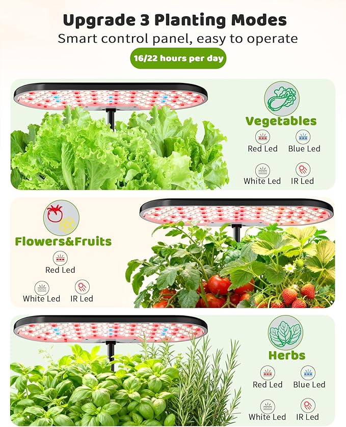 Hydroponics Growing System Kit, 16 Pods, Vertical 8L Indoor Gardening System for Herb Vegetable Fruit, with LED Grow Light, Smart Water Circulation, 3 Light Modes & 2 Timer, Black