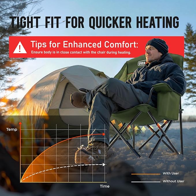 Overmont Heated Oversized Camping Chair for Adults - 3 Heat Levels Seat & Back Separately Control - 400lbs Support Heavy Duty Padded Folding Chair Outdoor Garden Portable - Battery NOT Included