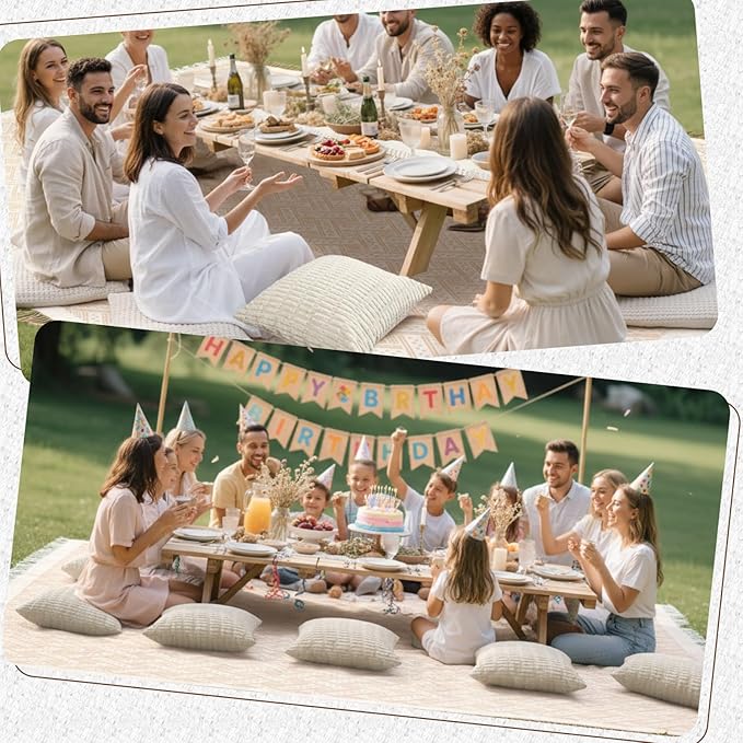 Extra Large Outdoor Boho Picnic Blanket 150'' X 71'' Beige White Table Runner 6 Throw Pillow Cover Woven Cotton Yarn Oversize Beach Blanket Washable for Picnic Camp Wedding
