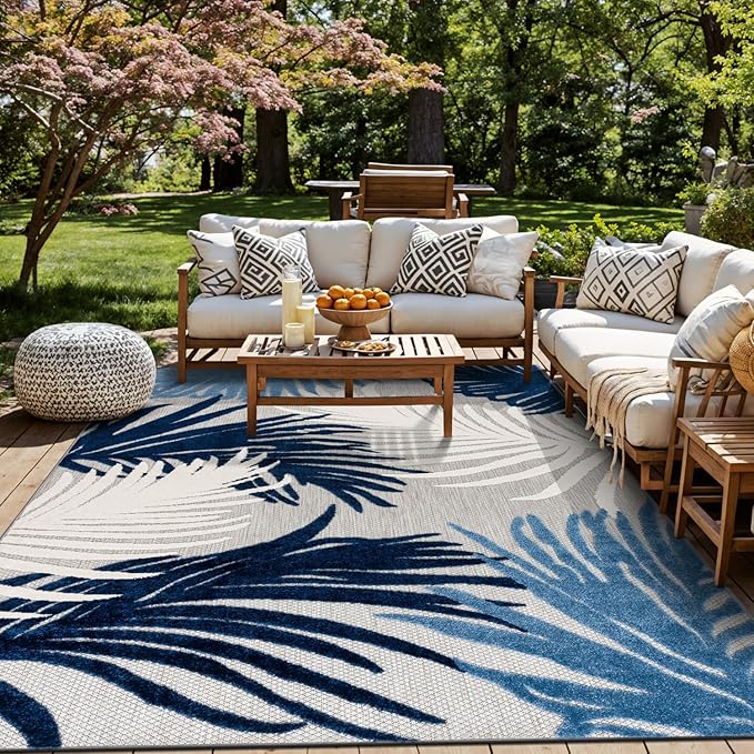 Rugshop Navy Lucca Contemporary Floral Indoor/Outdoor Area Rug Durable Polypropylene, Weather Resistant, Easy to Clean Perfect for Patio, Backyard, Deck and Outdoor Lounge 7'10" x 10'