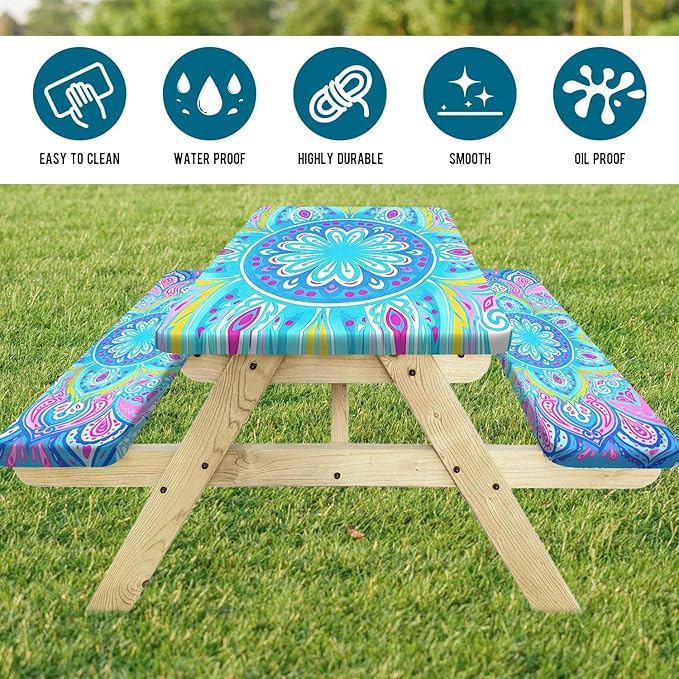 Picnic Table Covers with Bench Covers Boho Pattern Camping Tablecloth Fitted Picnic Table Cover with Elastic Windproof Waterproof Fabric, Outdoor Camping Accessories Gifts for Men Women, 96In 3PCS