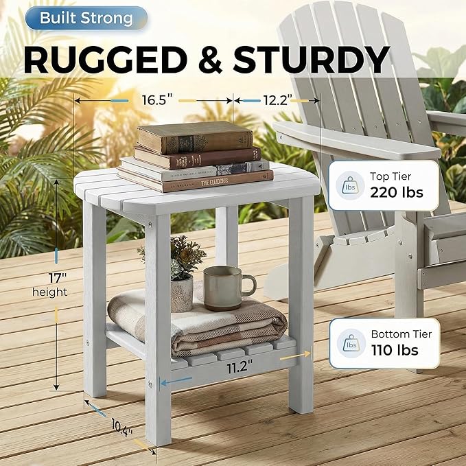PASAMIC 2-Tier Adirondack Oval Outdoor Side Table, HDPE Small Outdoor Table, Patio End Table for Patio, Backyard, Weather-Resistant (White)