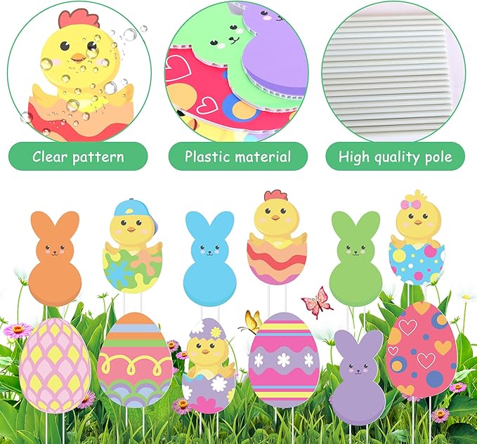 Iceyyyy 12 Pcs Easter Egg Planter Stakes-11 Inch Bunny Egg Chick Planter Stakes-Easter Yard Stakes Garden Signs for Home Plant Pot Party Supplies Outdoor Lawn Decor