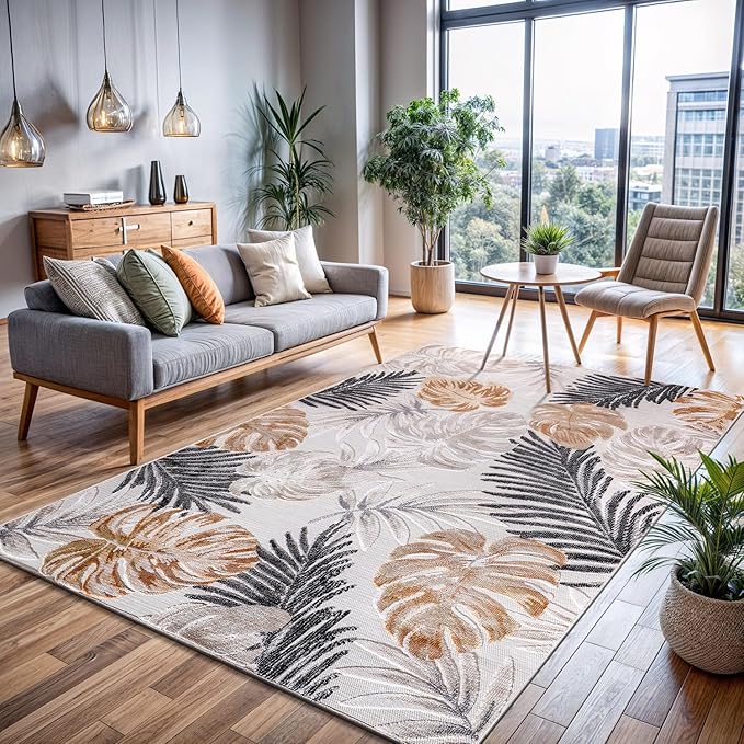 CAMILSON Indoor Outdoor Rug, Yellow 6’x9’ Leaf Tropical Botanical Area Rugs for Indoor and Outdoor patios, Easy-Cleaning Non-Shedding Living Room, Garden and Kitchen Washable Outside Carpet (6x9)