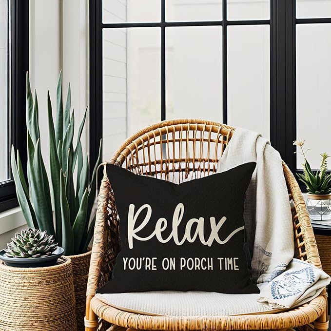 PANDICORN Decorative Throw Pillow Covers 18x18 Inch Relax Porch Time Black Outdoor Rustic Farmhouse Decorative Throw Pillows Cases Cushion Covers Decorations for Front Porch Couch Sofa Decor