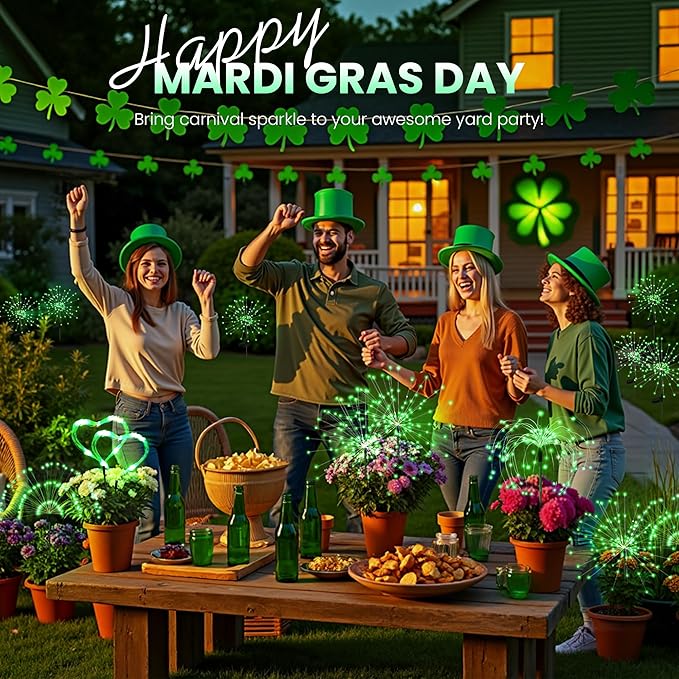 4Pack Garden Decor Outdoor Lights 120LED, Solar Garden Lights for St. Patrick's Day Outside Fairy Firework Decorative,Solar Powered for Yard Pathway Party Balcony Patio Decor (Green)