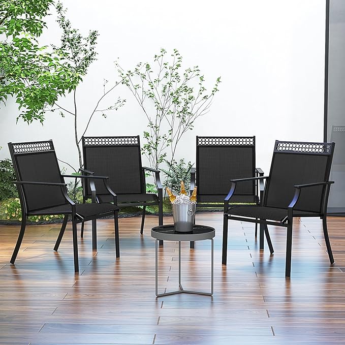 Giantex Patio Chairs Set of 4, Outdoor Chairs with All Weather Fabric, High Backrest, Armrests, Heavy Duty Metal Armchair, Outside Dining Chairs for Porch Lawn Garden Yard Pool, Black