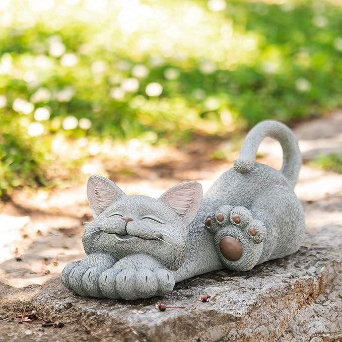 JFSM INC. 12" Whimsical Lounging Grey Cat Garden Statue - Indoor Outdoor Relaxed Zen Cat Sculpture - Garden Decorations for Patio Yard Lawn Porch