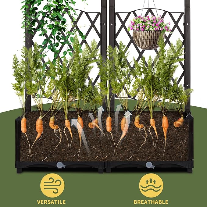 Outvita 31" x 16" x 48" Raised Garden Bed with Trellis ＆ Drainage Holes, Free-Standing Trellis Planter Box, Outdoor Floor Plant Bed for Vine Climbing Plants and Flowers in Garden Patio Balcony(Brown)