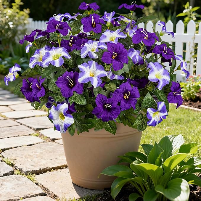 19 Inch Artificial Fake Flowers for Outdoor,4 Pcs Purple Faux Silk Petunias Spring Flowers for Outside for Indoor Porch Planter Front Door Garden Patio Window Box Home Decor