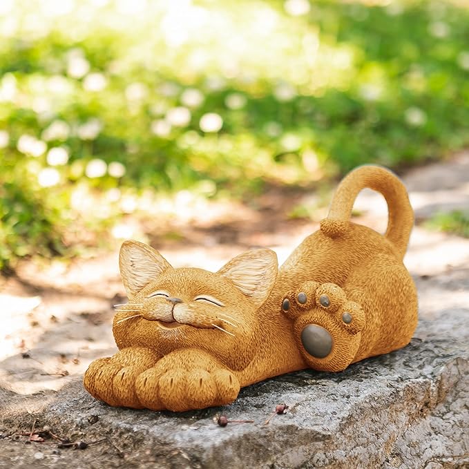 JFSM INC. 12" Whimsical Lounging Orange Cat Garden Statue - Indoor Outdoor Relaxed Zen Cat Sculpture - Garden Decorations for Patio Yard Lawn Porch