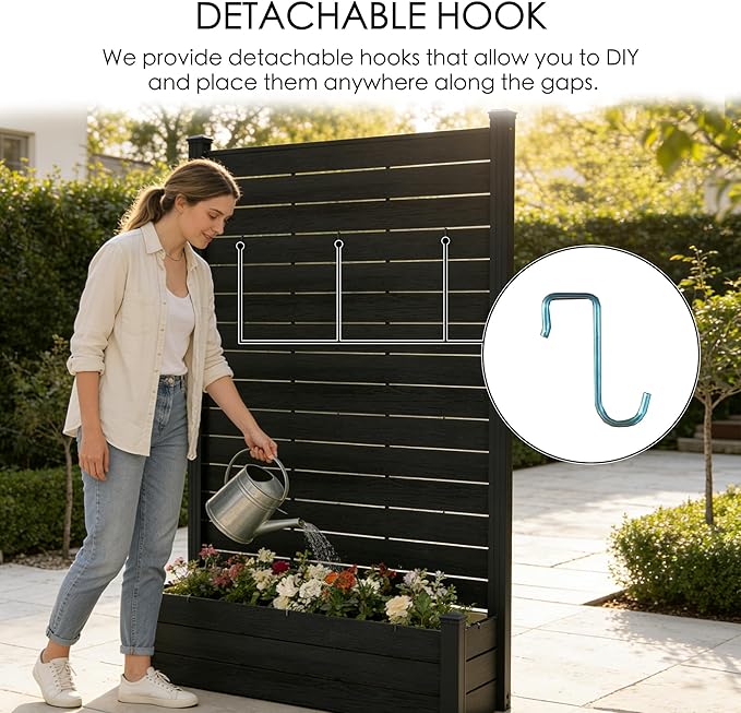 Kozyard Privacy Screen with Planter, 70" H x 51" W Outdoor Garden Screen, Waterproof Aluminum Frame with Thick Wood-Plastic Boards, Decorative Privacy Screen for Patio, Balcony & Backyard Gray