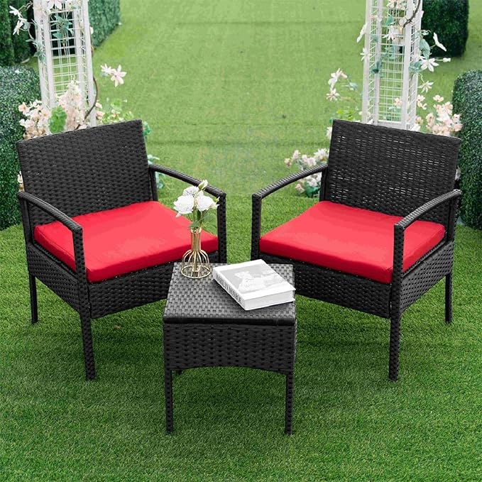 PROHIKER 3 PCS Patio Rattan Conversation Chairs Set, Outdoor Patio Furniture Balcony Furniture Set, Wicker Patio Bistro Set for Garden Porch Balcony Yard, Red
