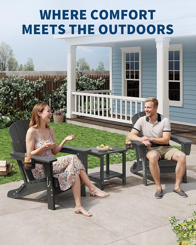 Folding Adirondack Chair Set of 2, All-Weather HDPE Outdoor Chair, Wooden Textured with Cup Holder for patios, Decks, Gardens, fire pits, Grey