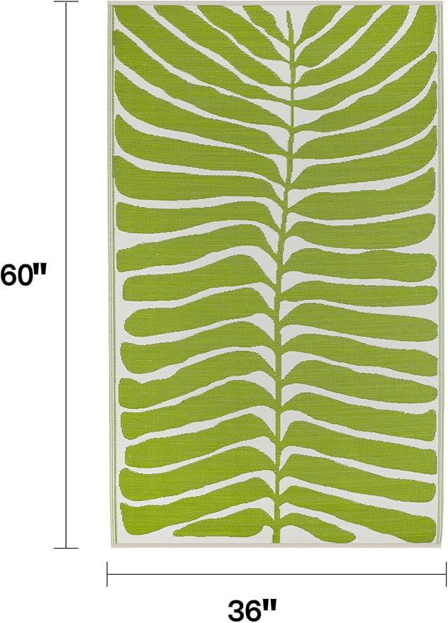 Fab Habitat Outdoor Rug - Waterproof, Fade Resistant, Crease-Free - Premium Recycled Plastic - Tropical Leaf Botanical - Porch, Deck, Balcony, Mudroom, Laundry Room, Patio - Hilo - Green - 3 x 5 ft