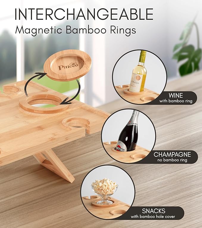Outdoor Wine Picnic Table, Wooden Folding Picnic Table with Glass Holder, Bamboo Wine Glass Snack Tray for Indoor & Outdoor Use, Includes Picnic Mat & Tote Bag