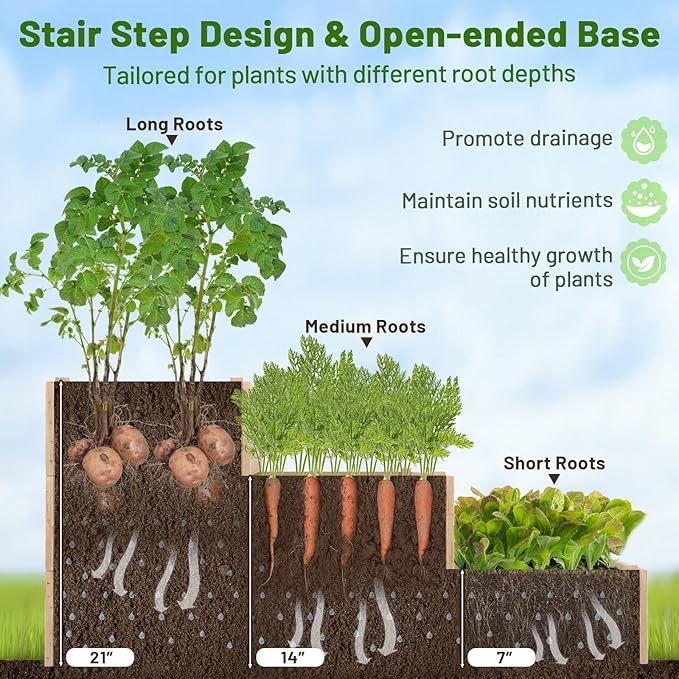 Giantex 3-Tier Raised Garden Bed with Trellis and 3 Planter Boxes, Outdoor Open-Ended Wood Raised Bed for Planting and Vines Flowers Vegetables Growing, 44"x45"x56"