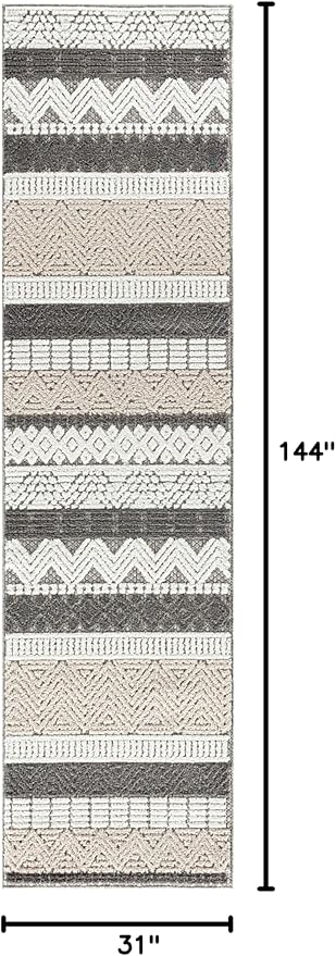 Rugshop Gray Marbella Boho Indoor/Outdoor Runner Rug, Machine Washable for Hallway, Entryway and Kitchen 2'7" x 12'