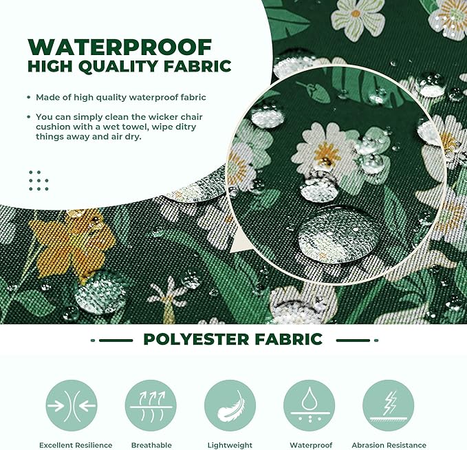 Wicker Chair Cushions, Waterproof Outdoor Loveseat Cushions for Patio Furniture, Tufted Wicker Furniture Cushions, 1 Loveseat and 2 U-Shaped Cushions (Green Floral)