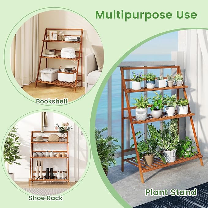 Plant Stand, 3 Tier Bamboo Ladder Plant Stand with Foldable Design, Anti-falling Crossbar, Freestanding Plant Shelf for Indoor Outdoor, Living Room Balcony Patio Garden