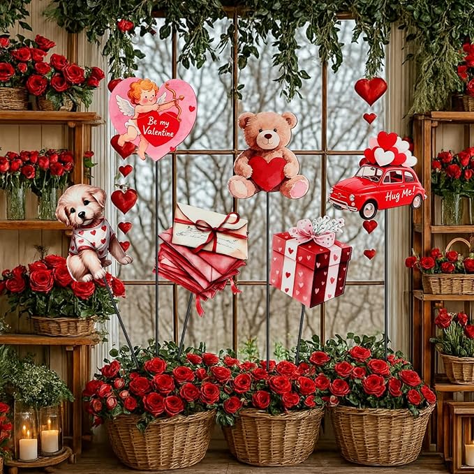 Pickmesh 6 Pcs 12" H Valentine's Day Metal Yard Sign Vintage Valentine Metal Yard Sign Barn Garden Stake for Planter Pot Walkway Pathway Outdoor Decor Lawn Decoration