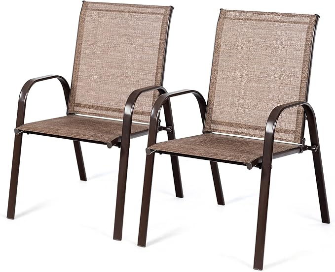 Tangkula 2 Piece Patio Dining Chairs, Outdoor Bistro Chairs W/Curved Armrests, Easy-to-Dry Fabric, Reinforced Steel Frame, Wide & Comfortable Camping Chairs for Garden, Poolside, Backyard (1, Brown)