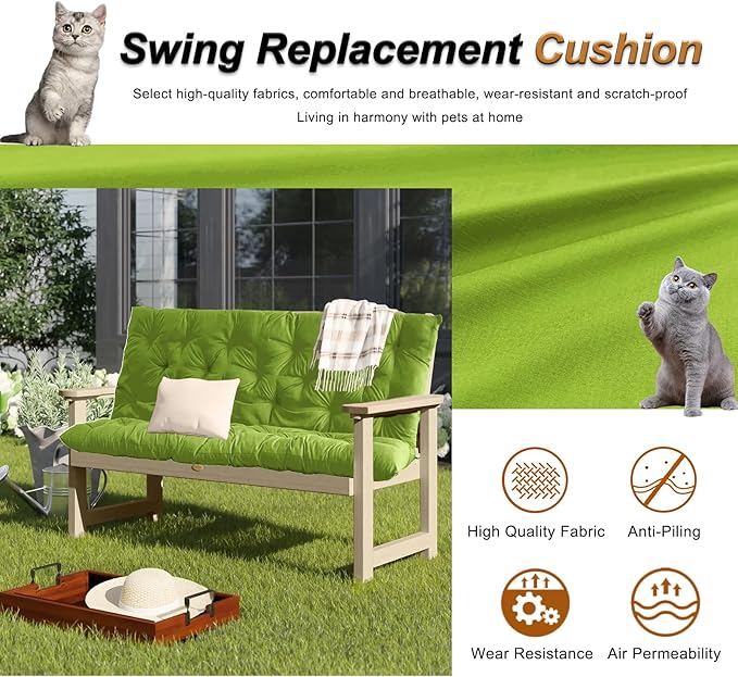 2-3 Seat Swing Replacement Cushion, Outdoor Bench Cushions with Backrest Thicken 4", Patio Furniture Garden Porch Loveseat Glider Pad Anti-Fading Waterproof (Grass Green, 40x40in)