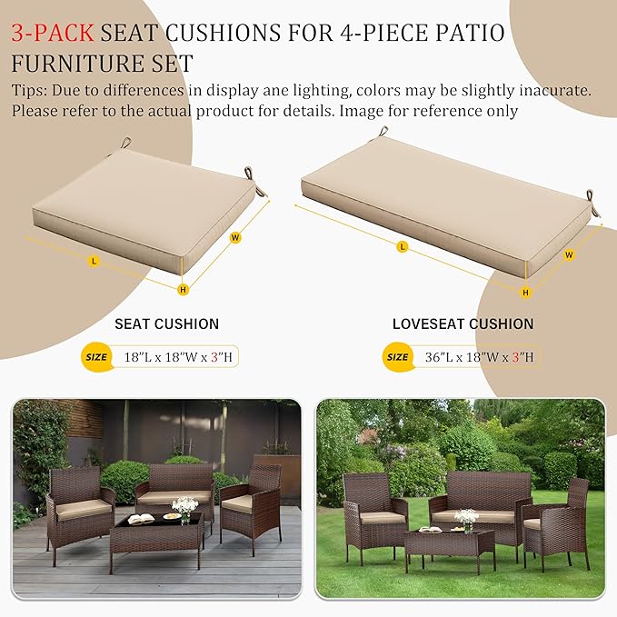 3 Pack Outdoor Replacement Cushions, Fit for 4-Seater Wicker Rattan Patio Conversation Set, 36x18x3,18x18x3, Liner & Cover