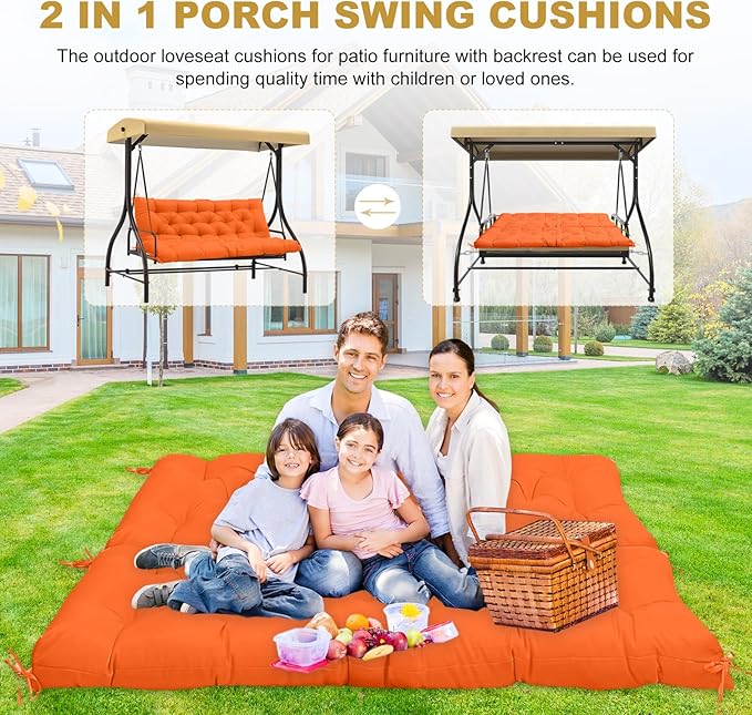 60" Porch Swing Cushion with Backrest, Waterproof Outdoor Bench Swing Cushions 3 Seater Replacement Thickened Swing Cushions with Ties for Patio Garden Backyard,Orange,60x40in